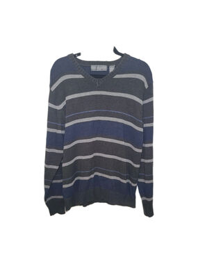 Oscar de La Renta Men's Sweater XL Blue Grey Stripes Long Sleeve V Neck
